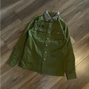 Stussy Stencil Leopard Print Collar Military Surplus Shirt. Size Small